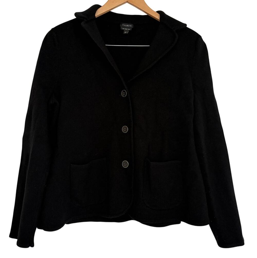 Talbots Black Merino Wool Knit Button Blazer Size XL Preppy Business Casual